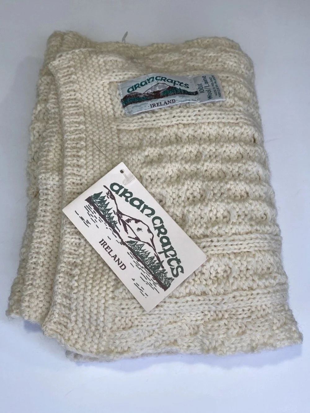 Vintage AranCrafts 100% Irish Wool Knit Scarf Cream Color New With Tags